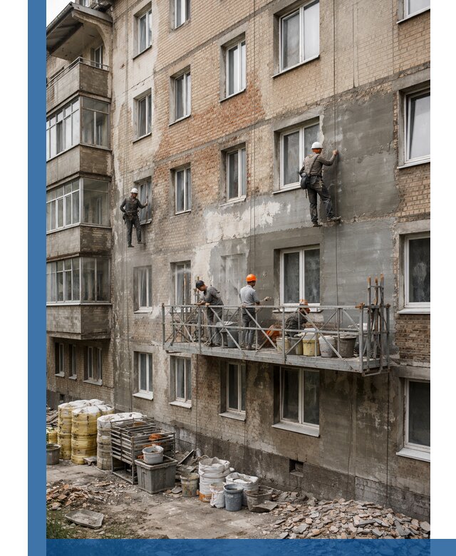 Капитальный ремонт фасада в Бугуруслане с восстановлением и гидроизоляцией