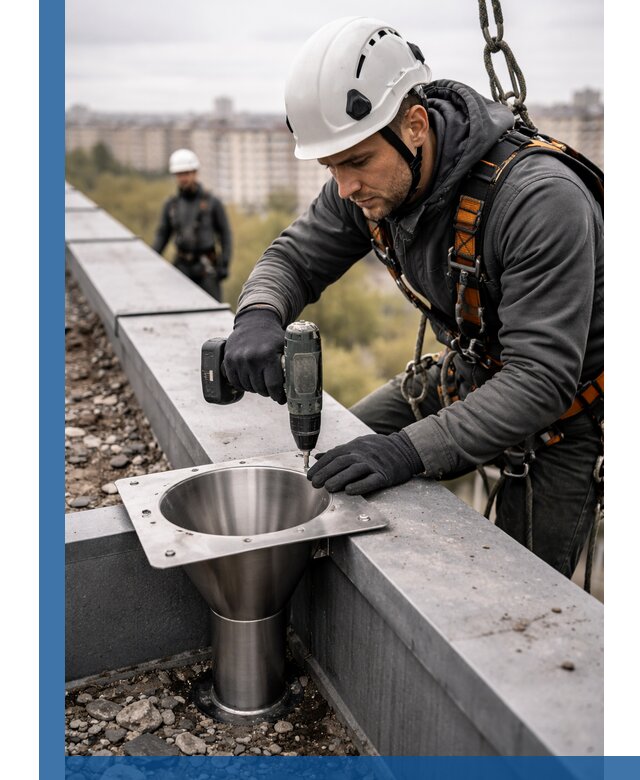 Монтаж водосточных воронок в Бугуруслане для промышленных зданий