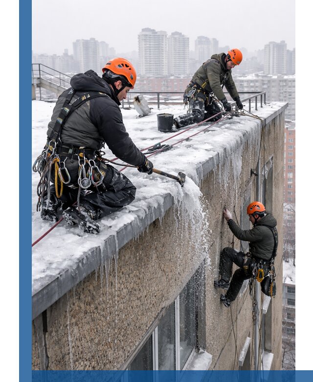 Удаление наледи с кровли в Бугуруслане промышленными альпинистами