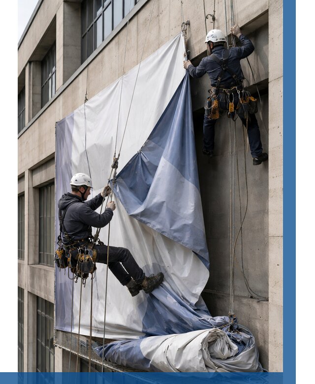 Демонтаж баннеров с фасада в Бугуруслане от 4586 р. | ВЫСОТНИК-Бгр