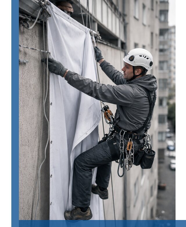 Замена баннерного полотна промышленными альпинистами в Бугуруслане