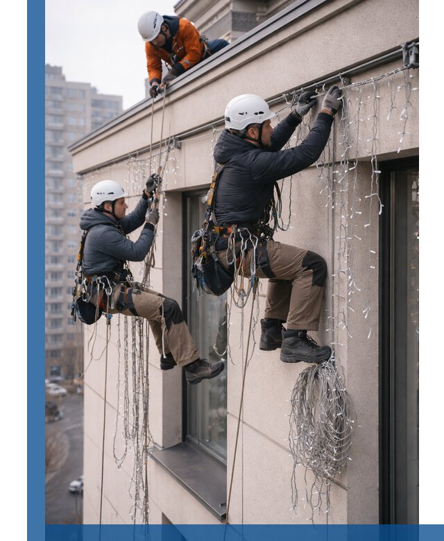 Монтаж праздничных гирлянд на фасаде в Бугуруслане для зданий