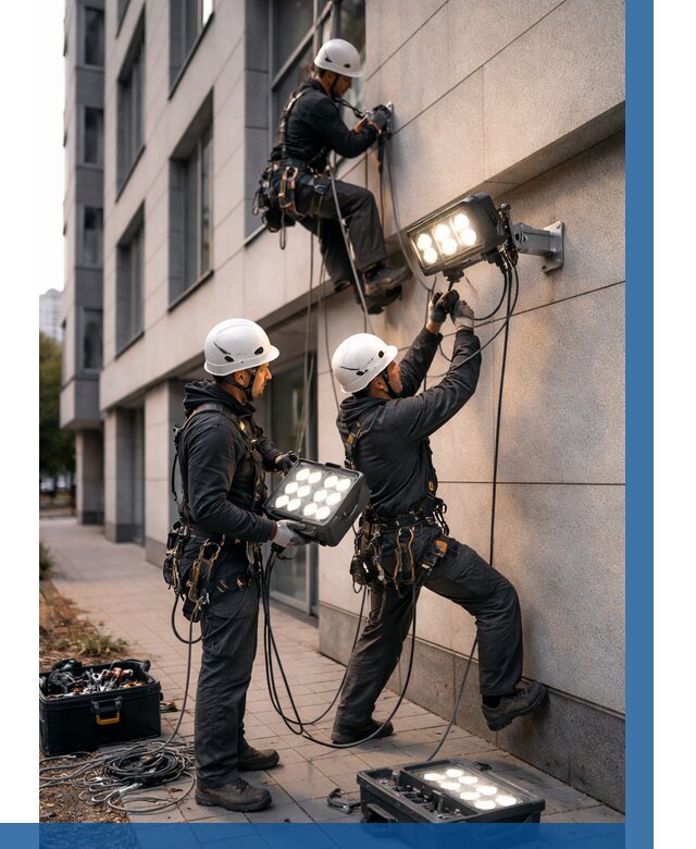 Монтаж прожекторов на фасаде в Бугуруслане от 7643 р. | ВЫСОТНИК-Бгр