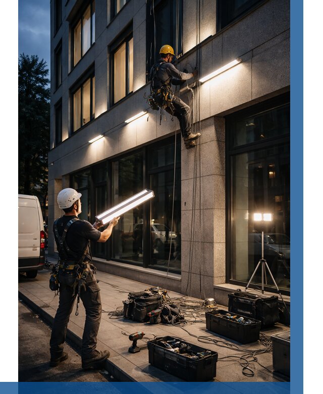 Монтаж архитектурной подсветки здания в Бугуруслане от 2548 р.|ВЫСОТНИК-Бгр