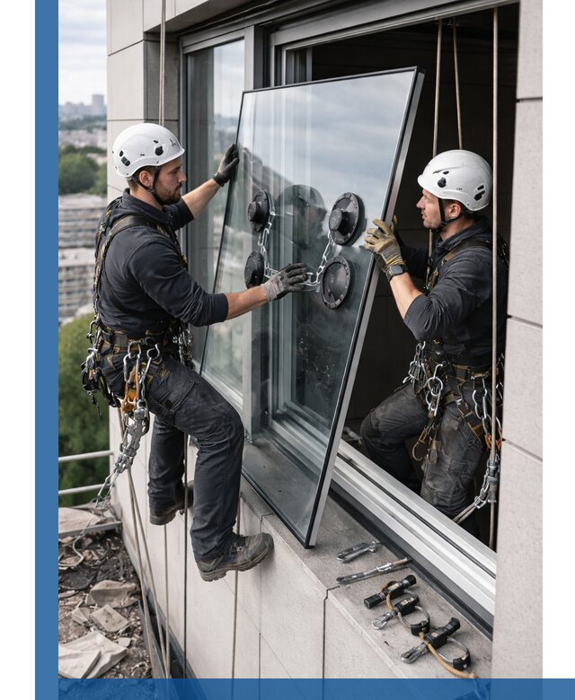 Замена стеклопакетов на высоте с промышленными альпинистами в Бугуруслане