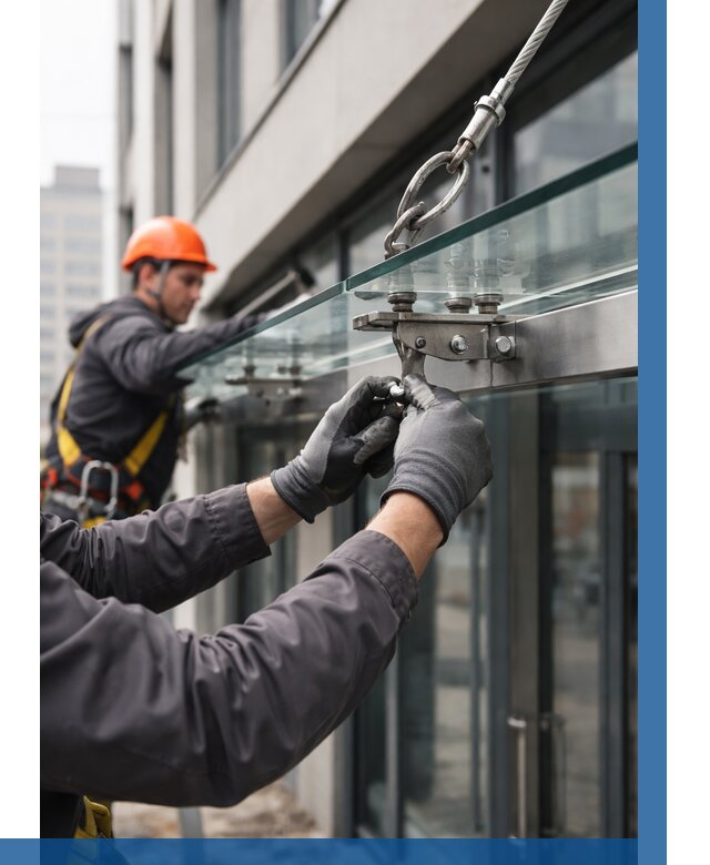 Монтаж стеклянных козырьков в Бугуруслане от 8662 р. | ВЫСОТНИК-Бгр