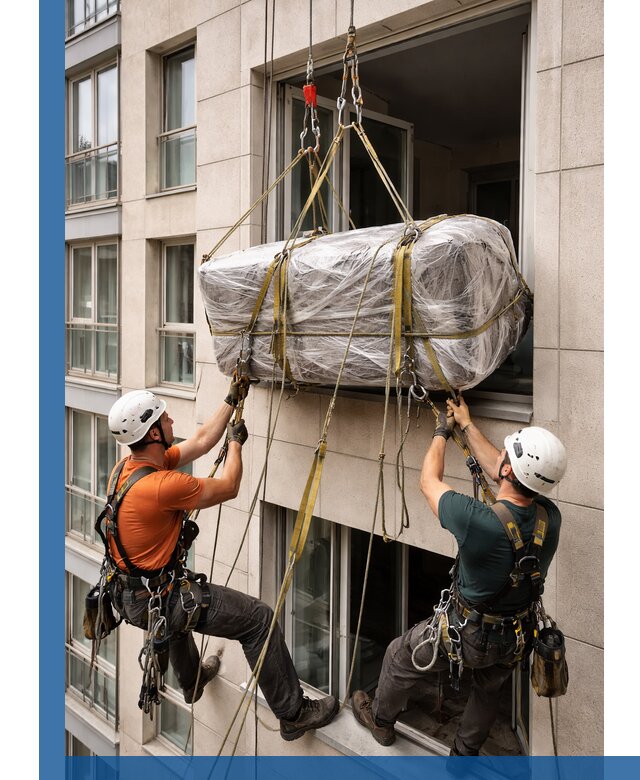 Подъем грузов через окно в Бугуруслане промышленными альпинистами